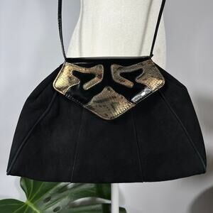 Vintage 1980s Jasmin Hong Kong Suede Snakeskin Leather Shoulder Bag Black Gold